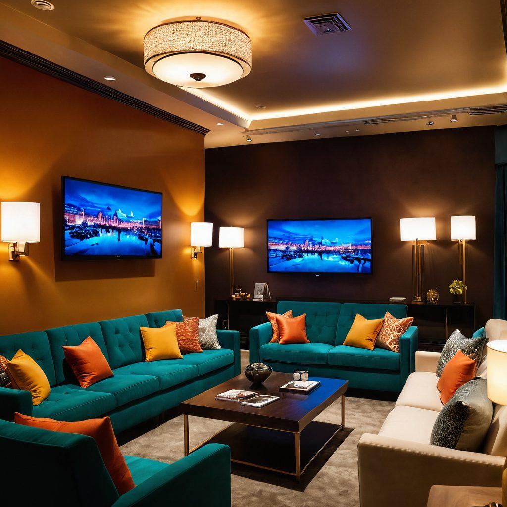 A lively, sophisticated lounge with warm lighting, showcasing a diverse group of mature adults enjoying streaming on various devices, expression of joy and camaraderie. Include plush seating, elegant decor, and screens displaying engaging entertainment, with a hint of playful sophistication. Capture a vibrant atmosphere that celebrates mature entertainment. super-realistic. vibrant colors. cozy ambiance.