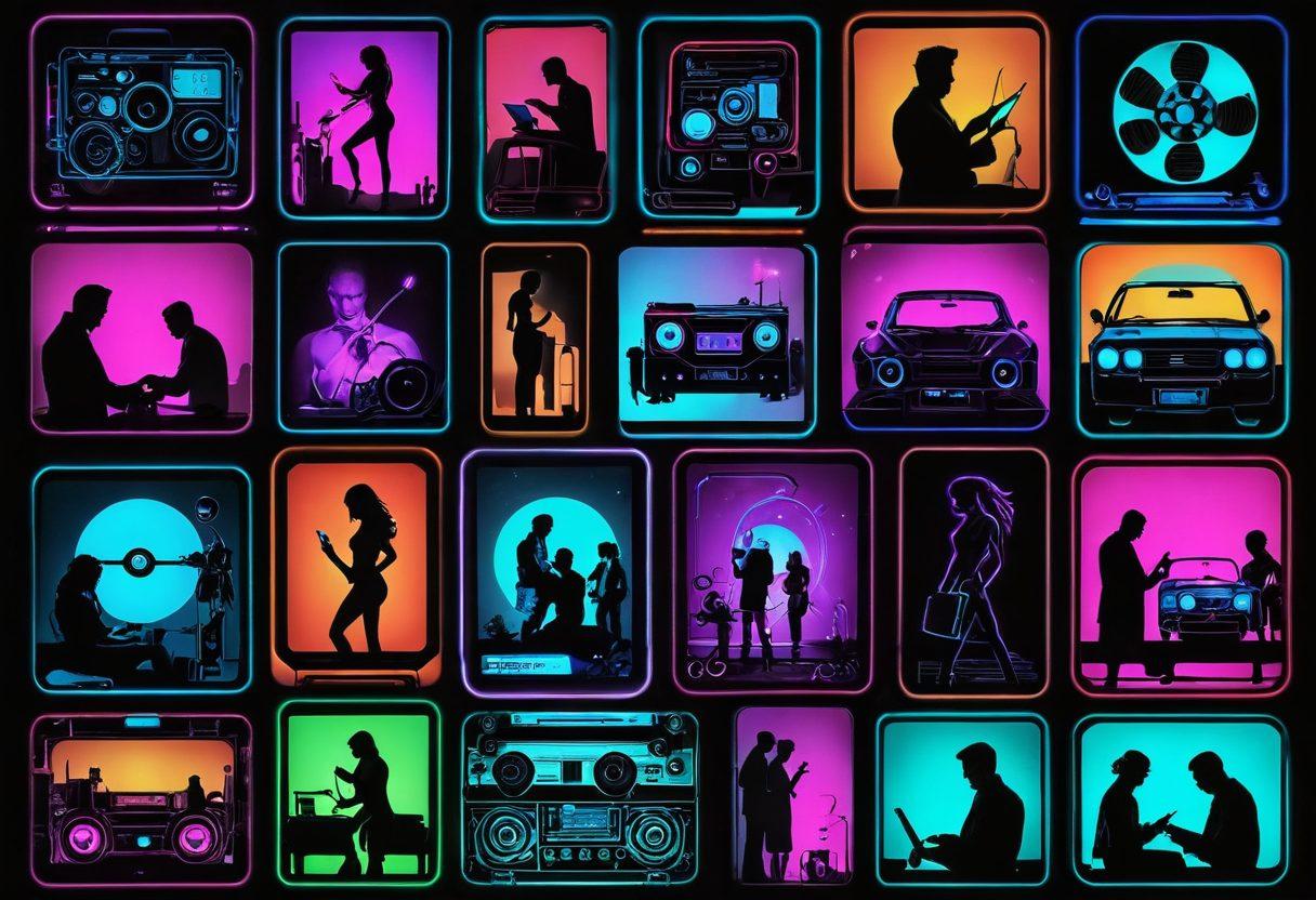 A dynamic collage showcasing the evolution of adult films, featuring a vintage film reel intertwined with modern digital gadgets like tablets and smartphones, set against a backdrop of vibrant neon lights representing various eras. Include silhouettes of diverse couples exploring intimacy in a tasteful manner. The contrast between old-fashioned cinema and sleek, contemporary technology should be striking. cyberpunk. vibrant colors. super-realistic.